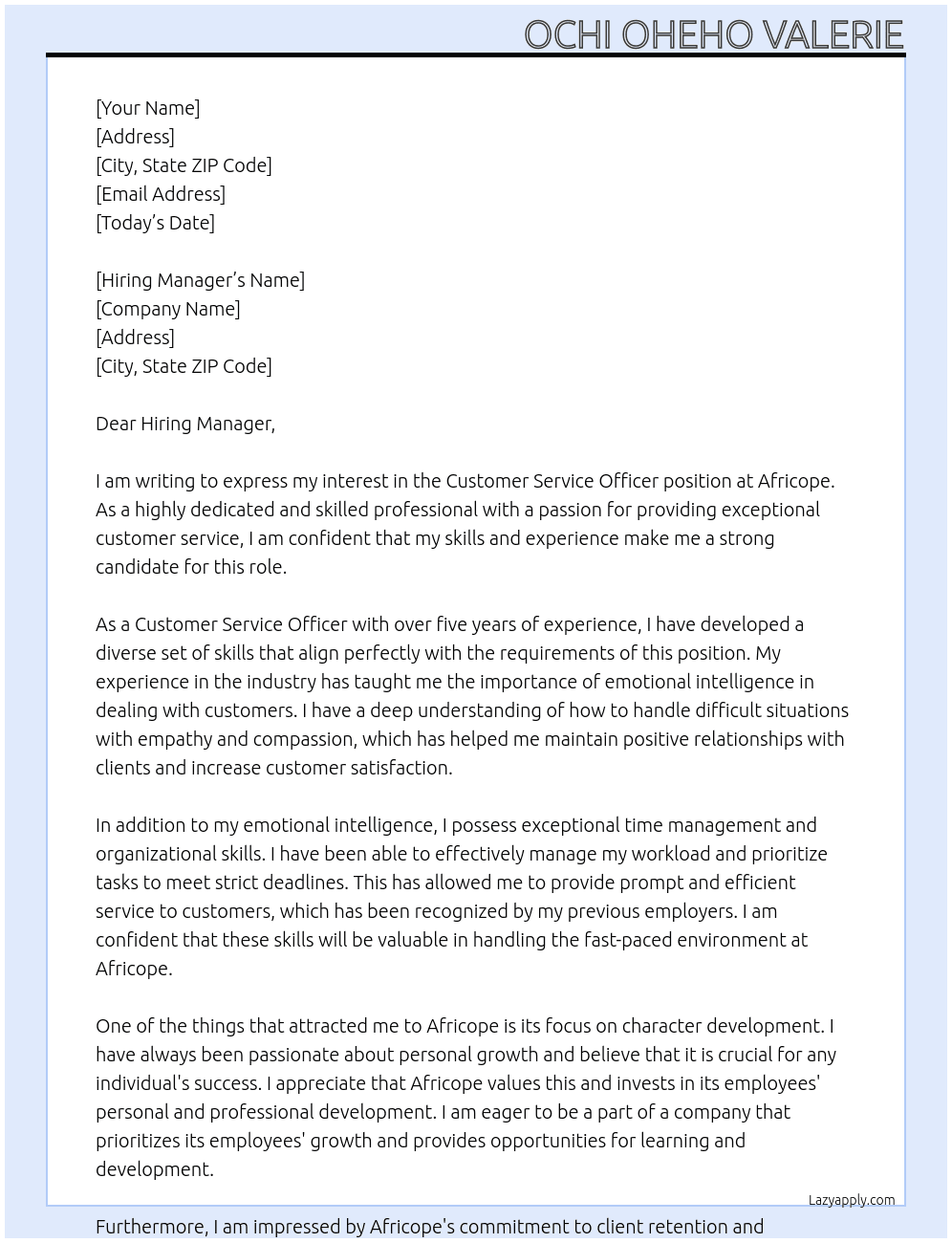 Customer service officer  At Africope Cover Letter