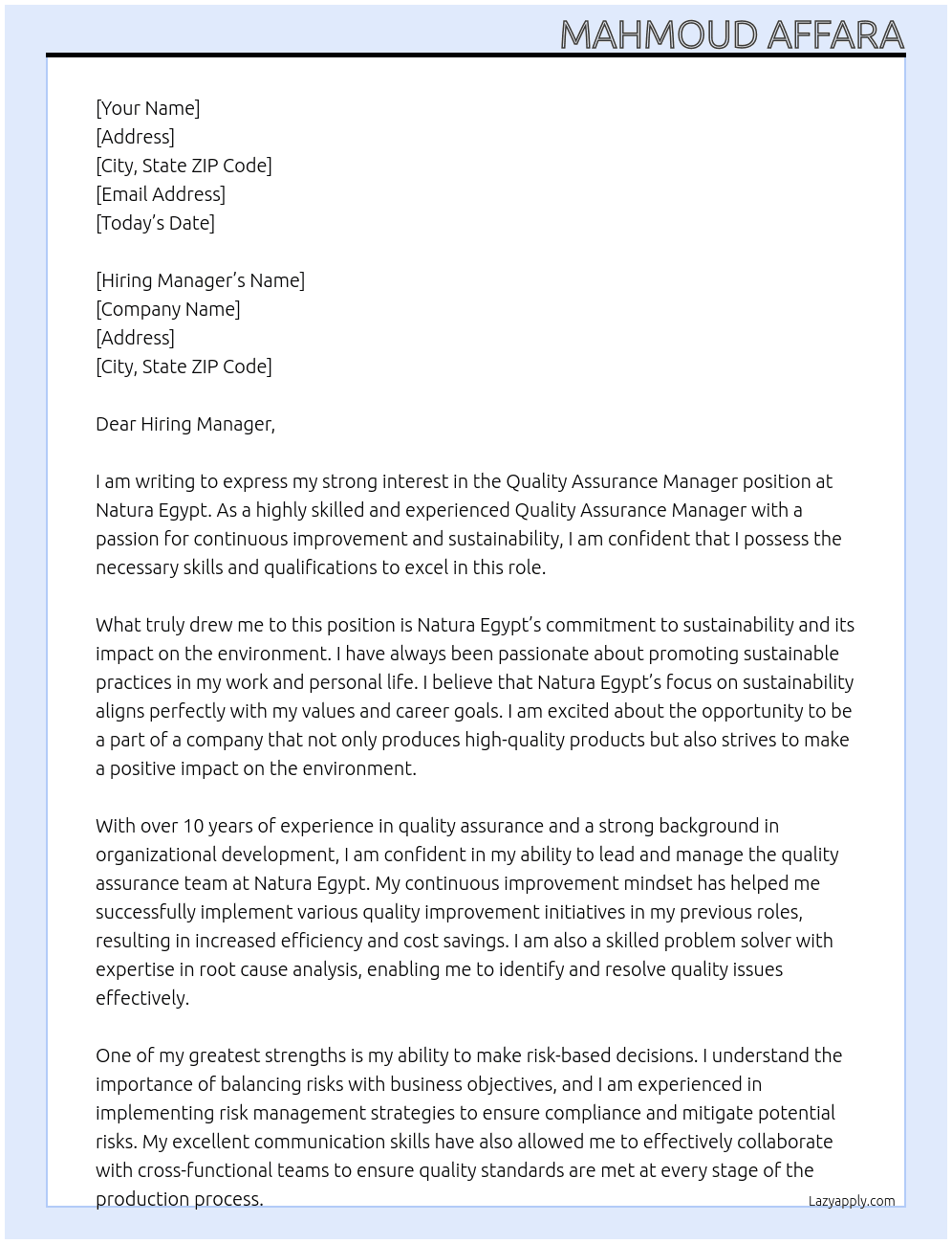 Quality Assurance Manager At Natura Egypt Cover Letter