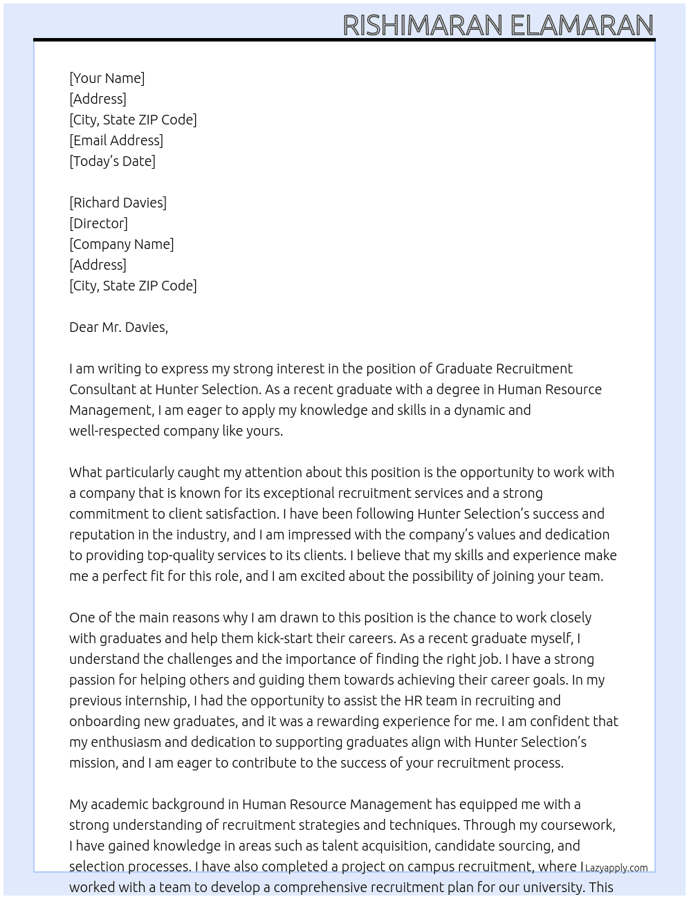 Graduate Recruitment Consultant At Hunter Selection Cover Letter