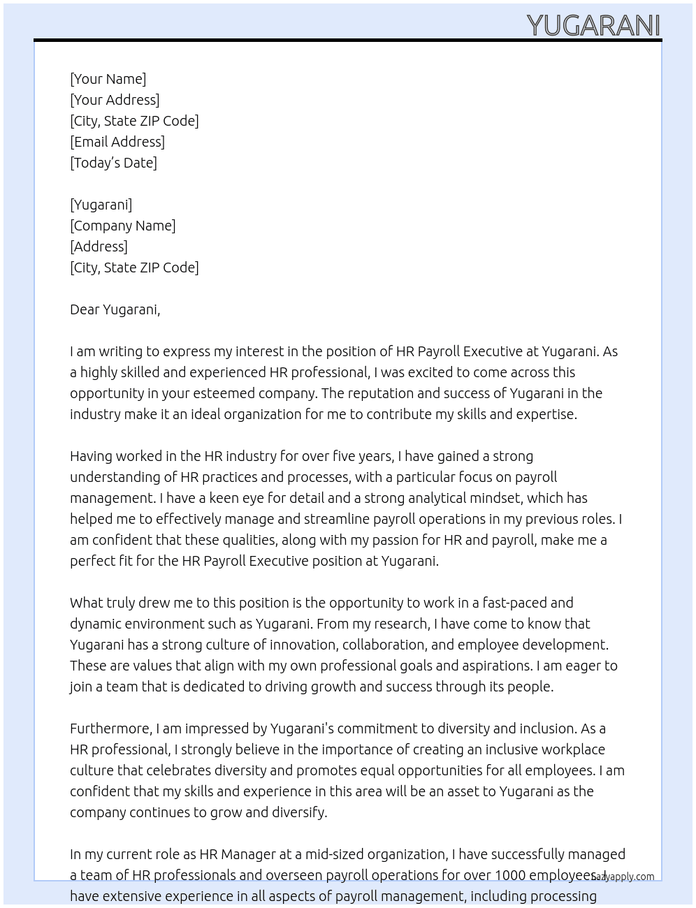 HR PAYROLL EXECUTIVE  At YUGARANI Cover Letter