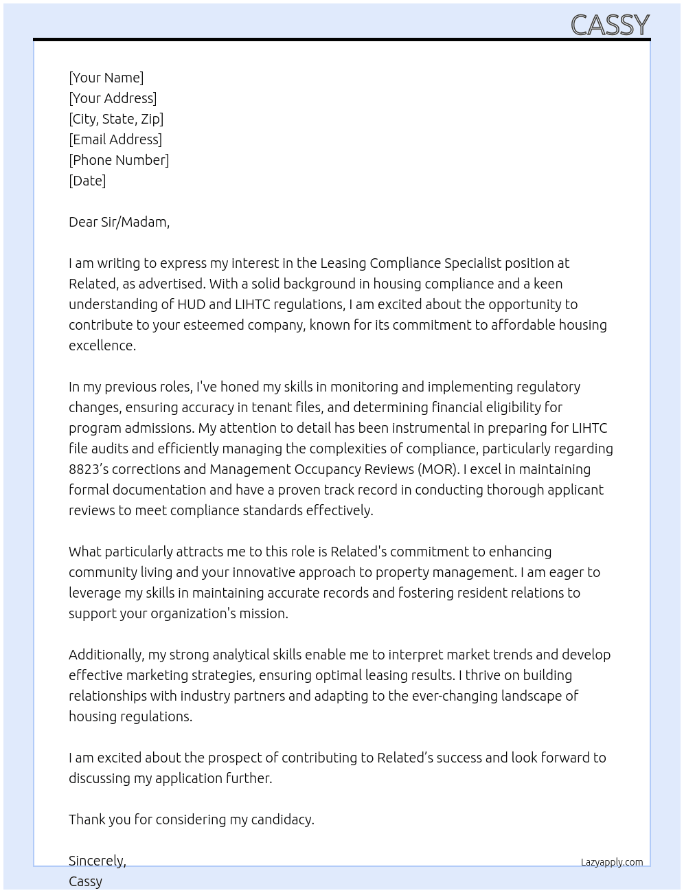 Leasing Compliance Specialist At Related Cover Letter