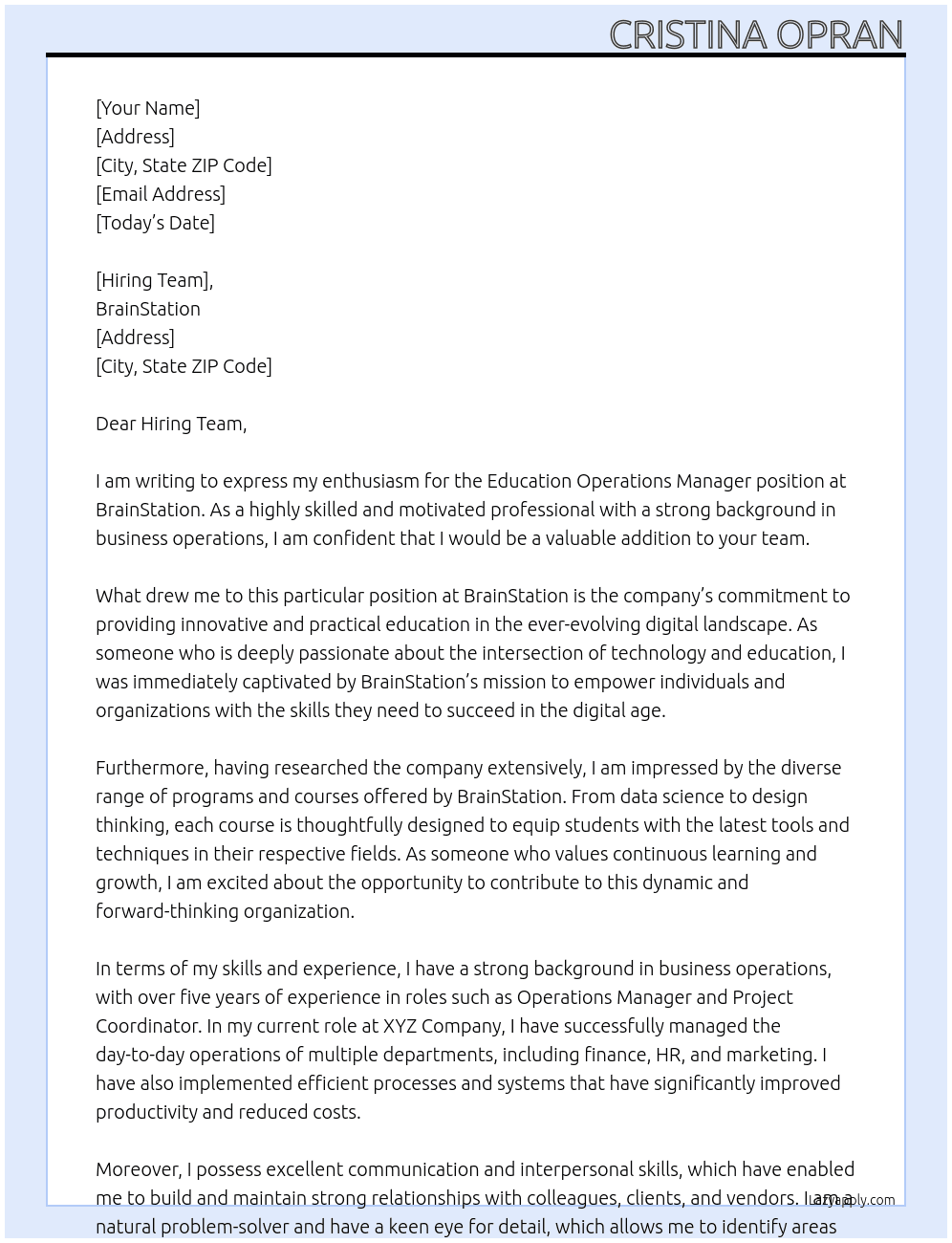 Education Operations Manager At BrainStation Cover Letter