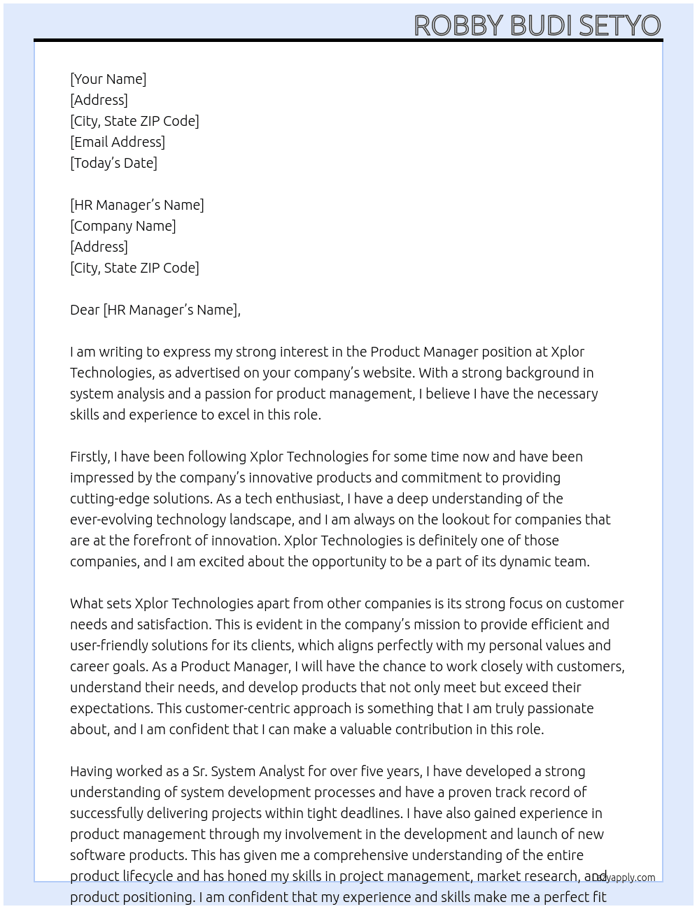 Product Manager At Xplor Technologies Cover Letter