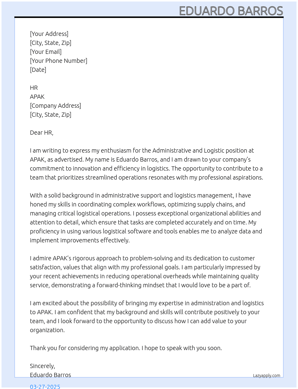 Administrative and logistic  At APAK Cover Letter