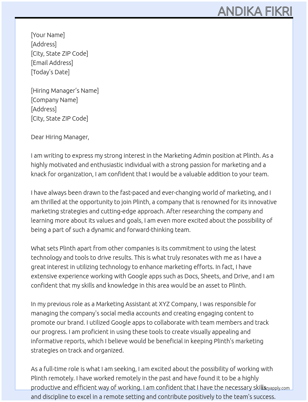 Marketing Admin At Plinth Cover Letter