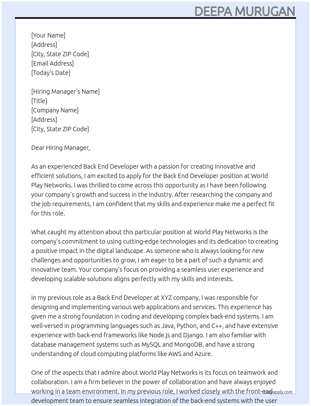 Back End Developer At World Play Networks Cover Letter