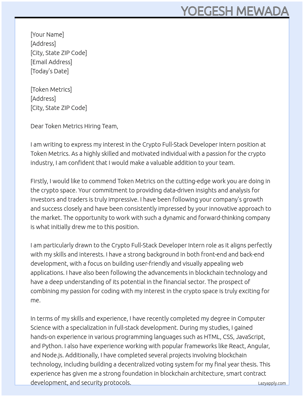 Crypto Full-Stack Developer Intern  At Token Metrics Cover Letter