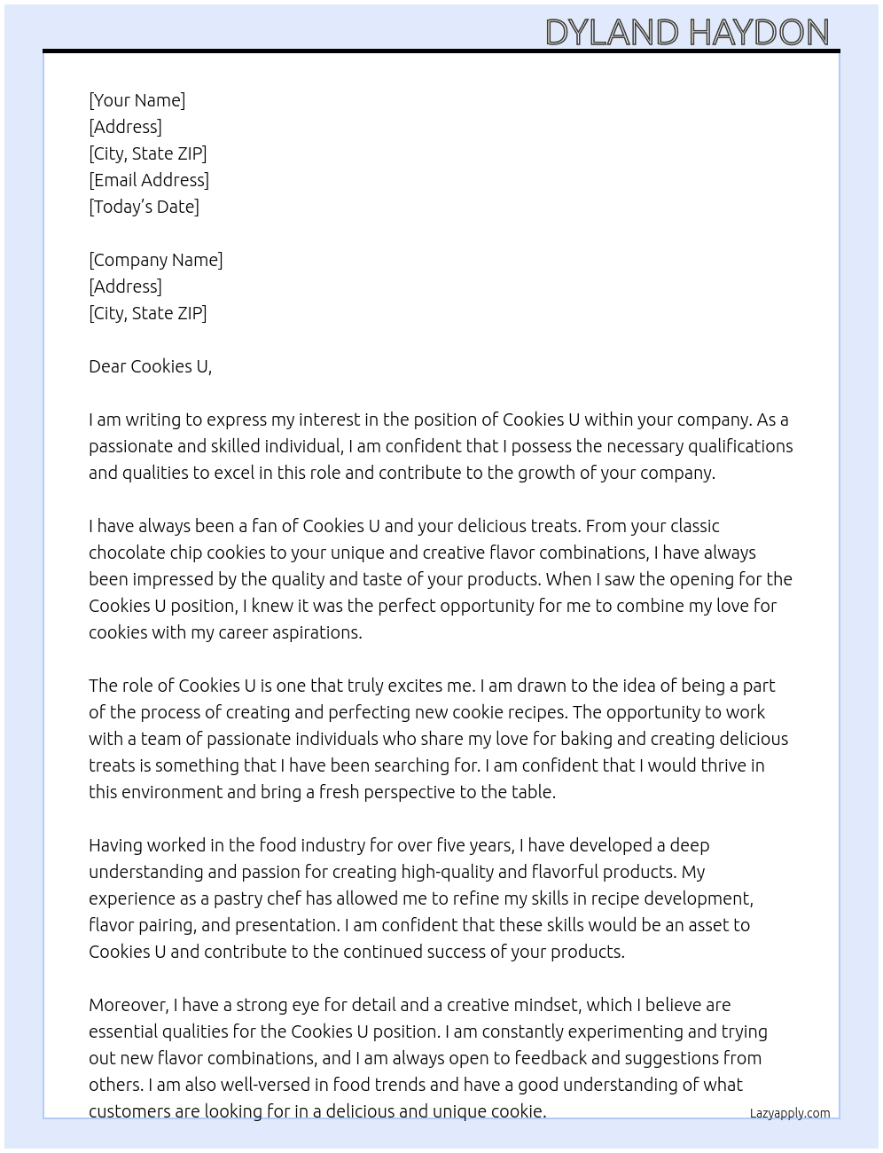 Cookies U At Cookies U  Cover Letter