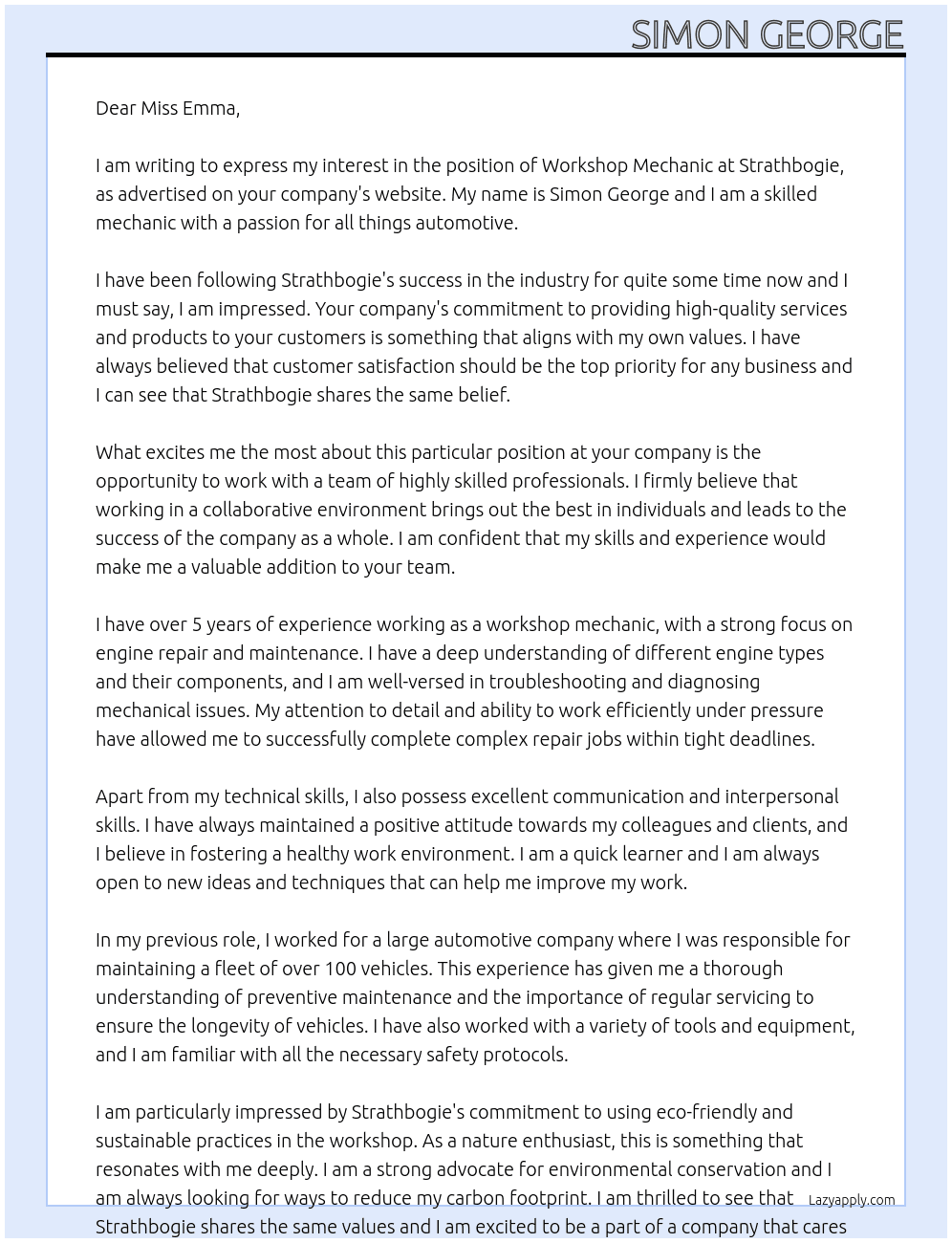 Cover letter for workshop mechanic - LazyApply