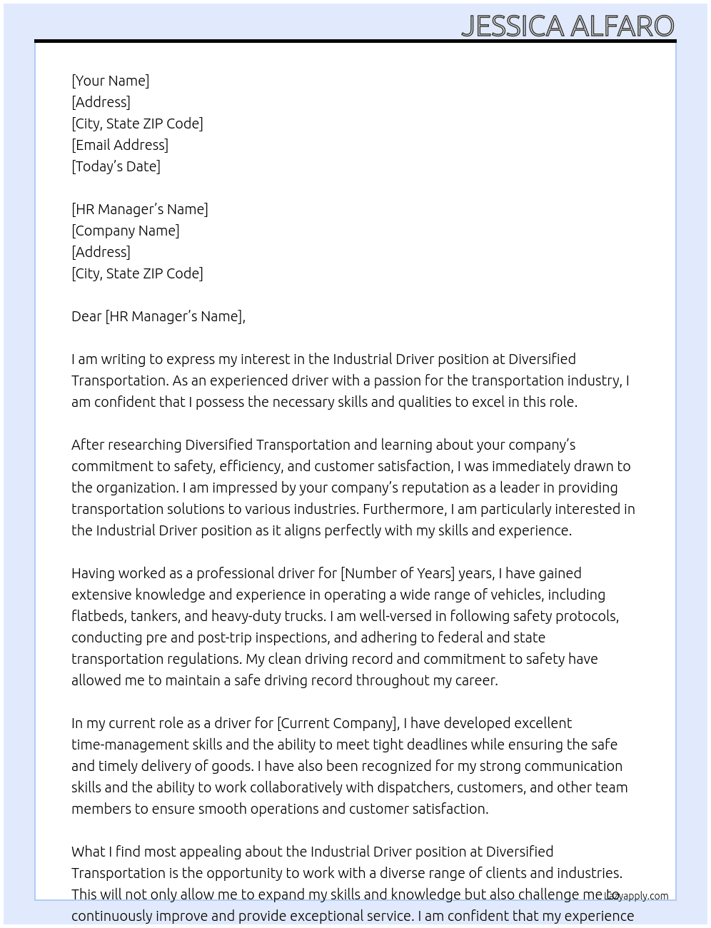 industrial drover At Diversified Transportation   Cover Letter