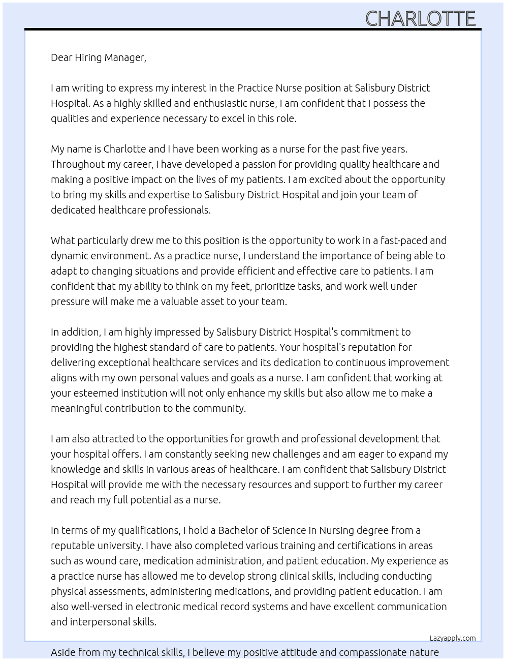 Practice nurse At Salisbury District Hospital  Cover Letter