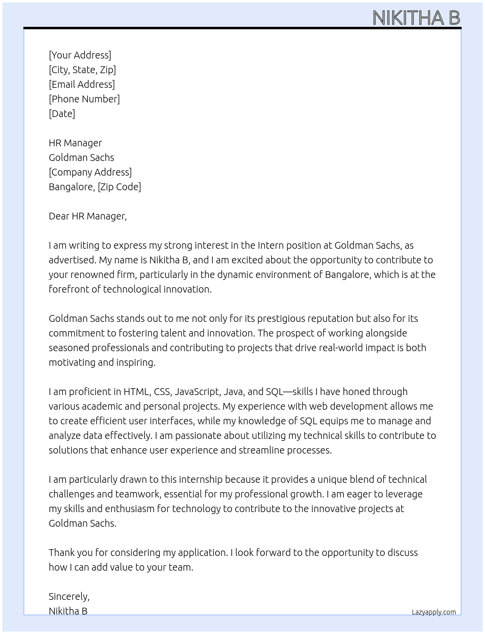 Intern At Goldman Sachs  Cover Letter