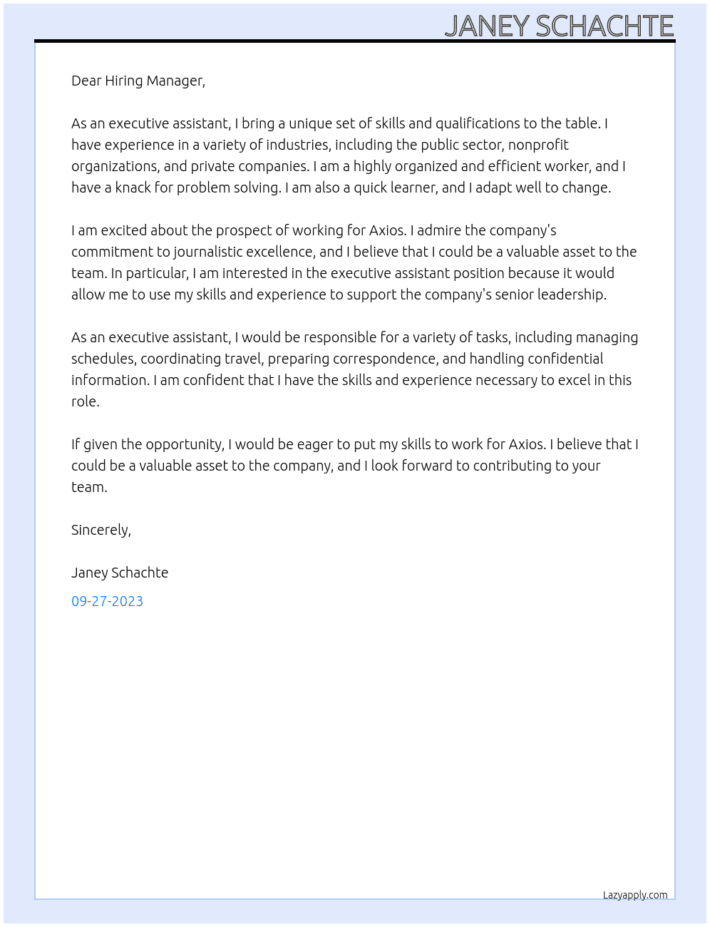 Executive Assistant At Axios Cover Letter
