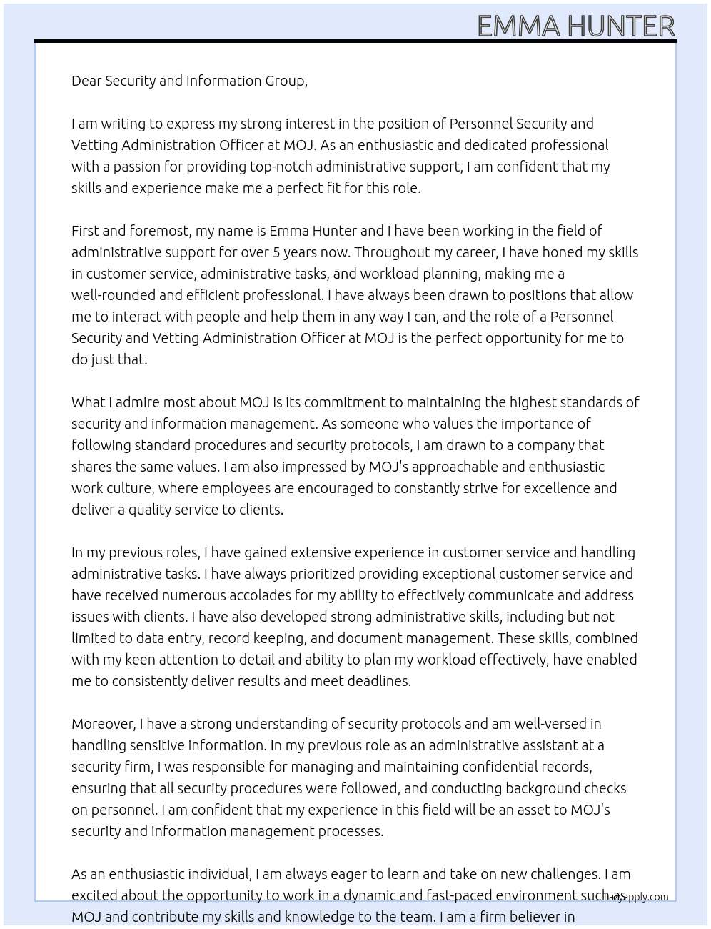 Personnel Security and Vetting Administration Officer At MOJ Cover Letter