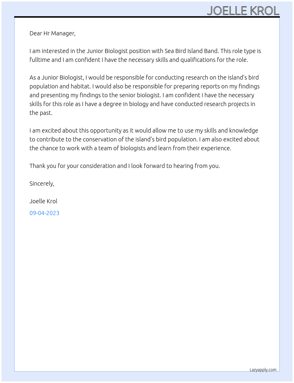 Junior Biologist At Sea Bird Island Band Cover Letter