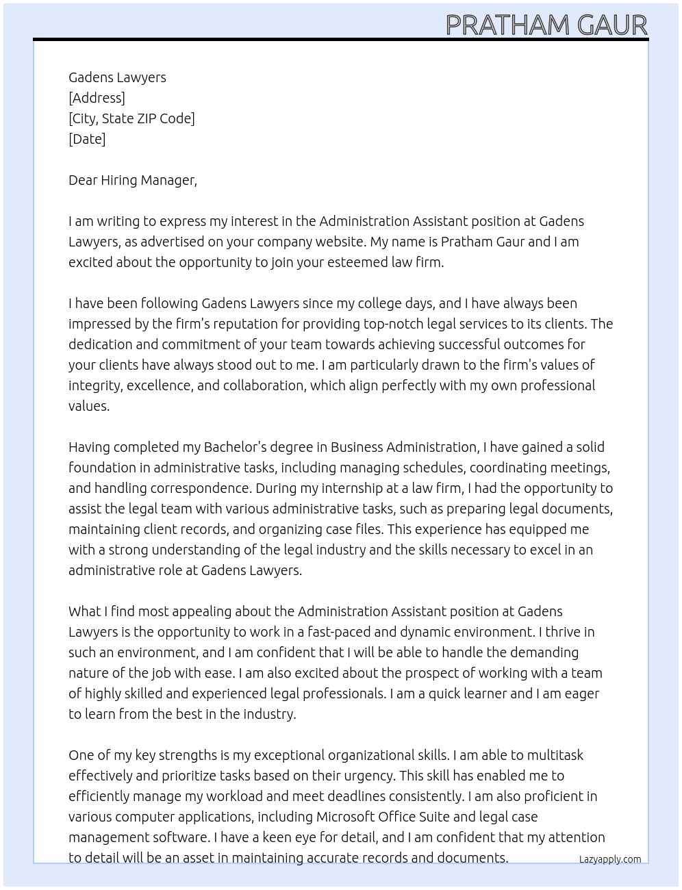 Administration Assistant At Gadens Lawyers Cover Letter