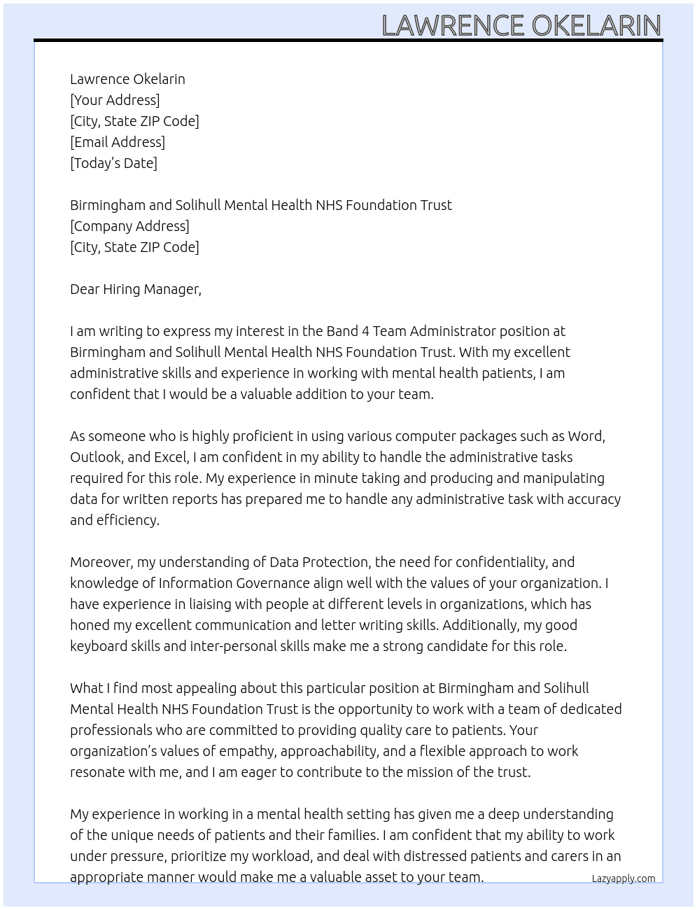 Band 4 Team Administrator At Birmingham and Solihull Mental Health NHS Foundation Trust Cover Letter