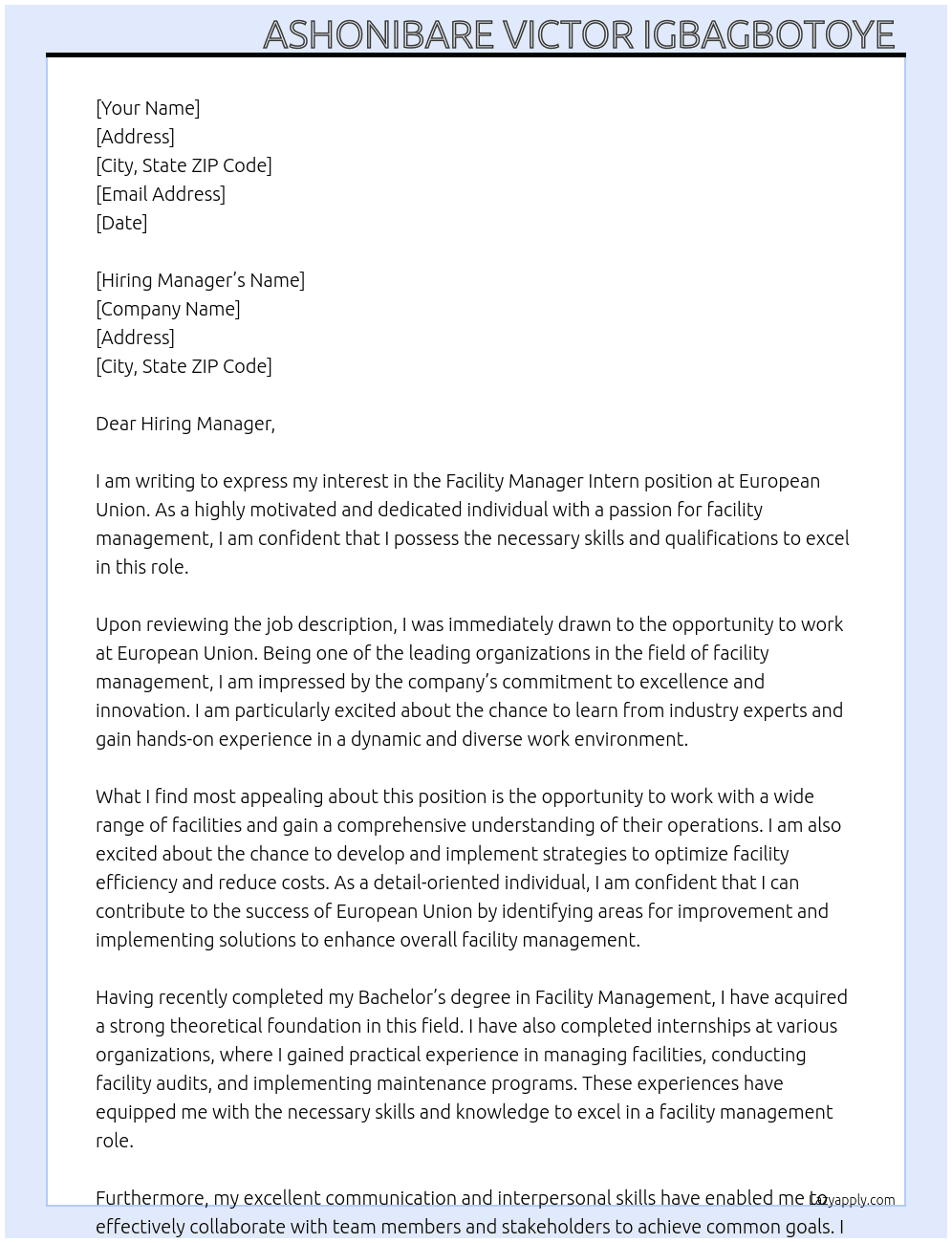 Cover letter for facility manager intern - LazyApply