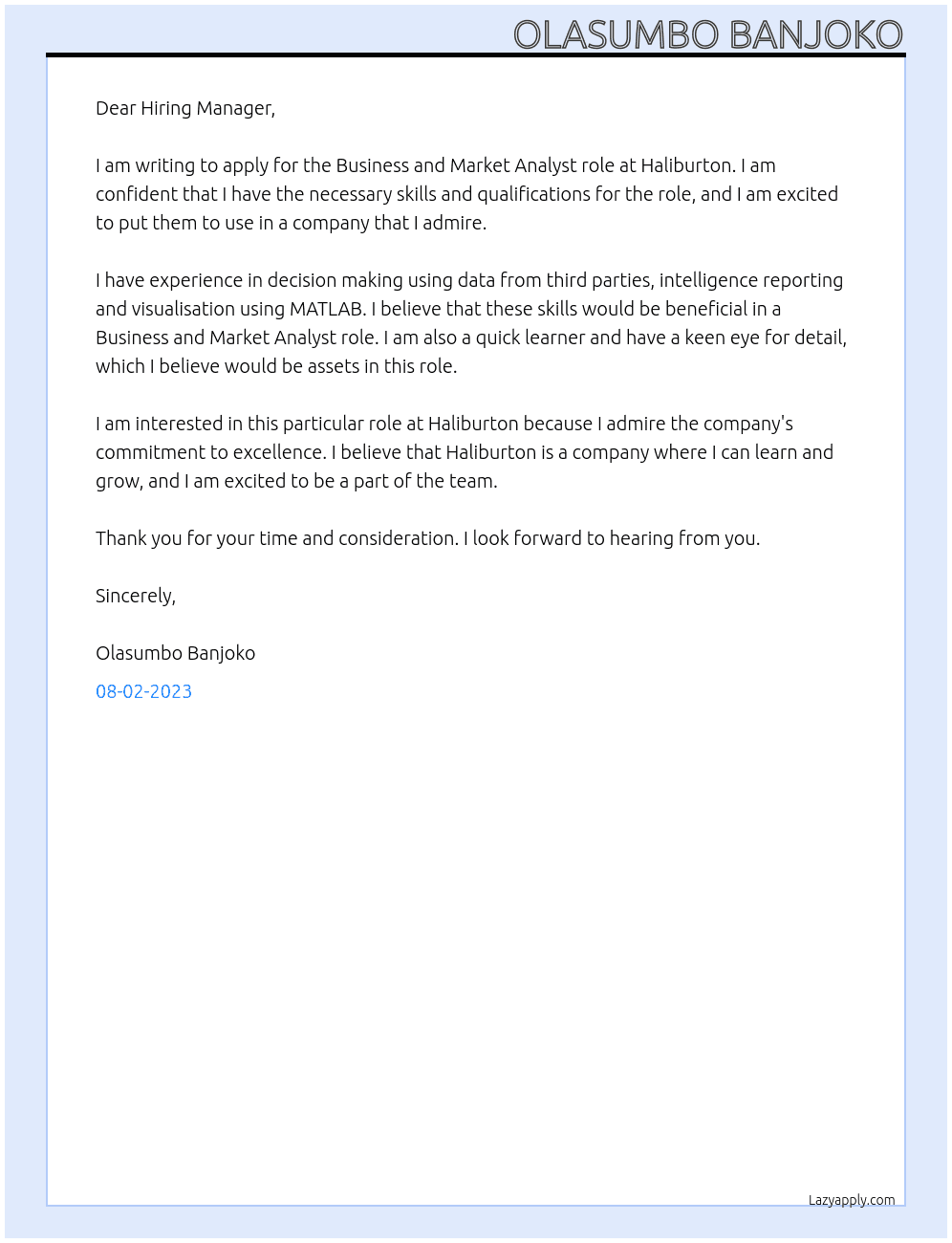 Business and Market Analyst At Haliburton  Cover Letter