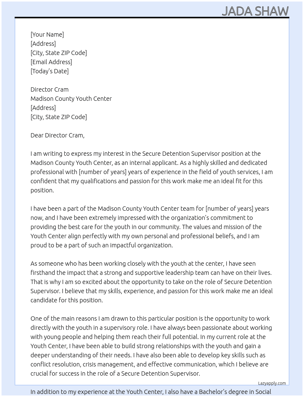 Secure Detention Supervisor Internal Applicants At Madison County Youth Center Cover Letter