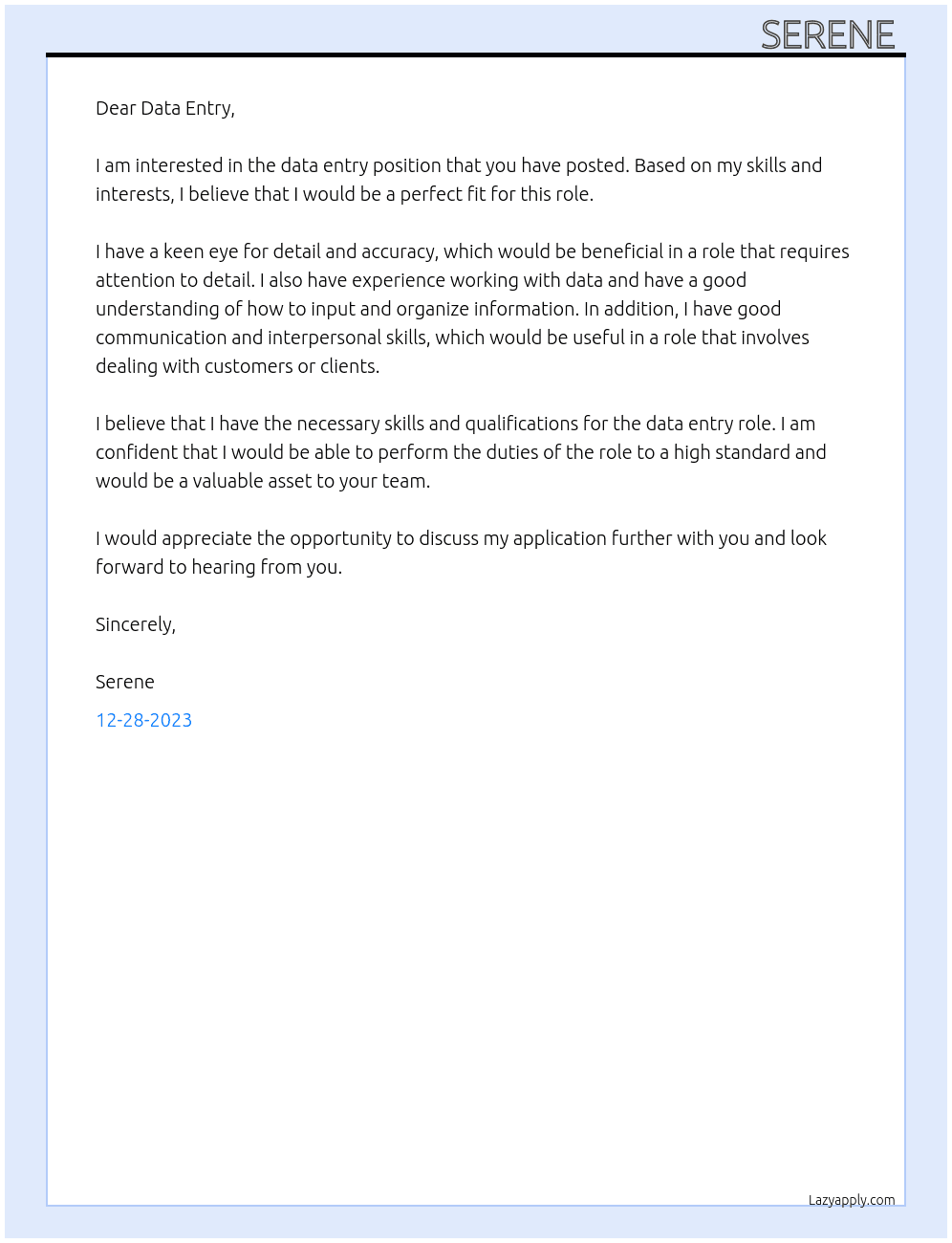 Data Entry  At Data Entey  Cover Letter