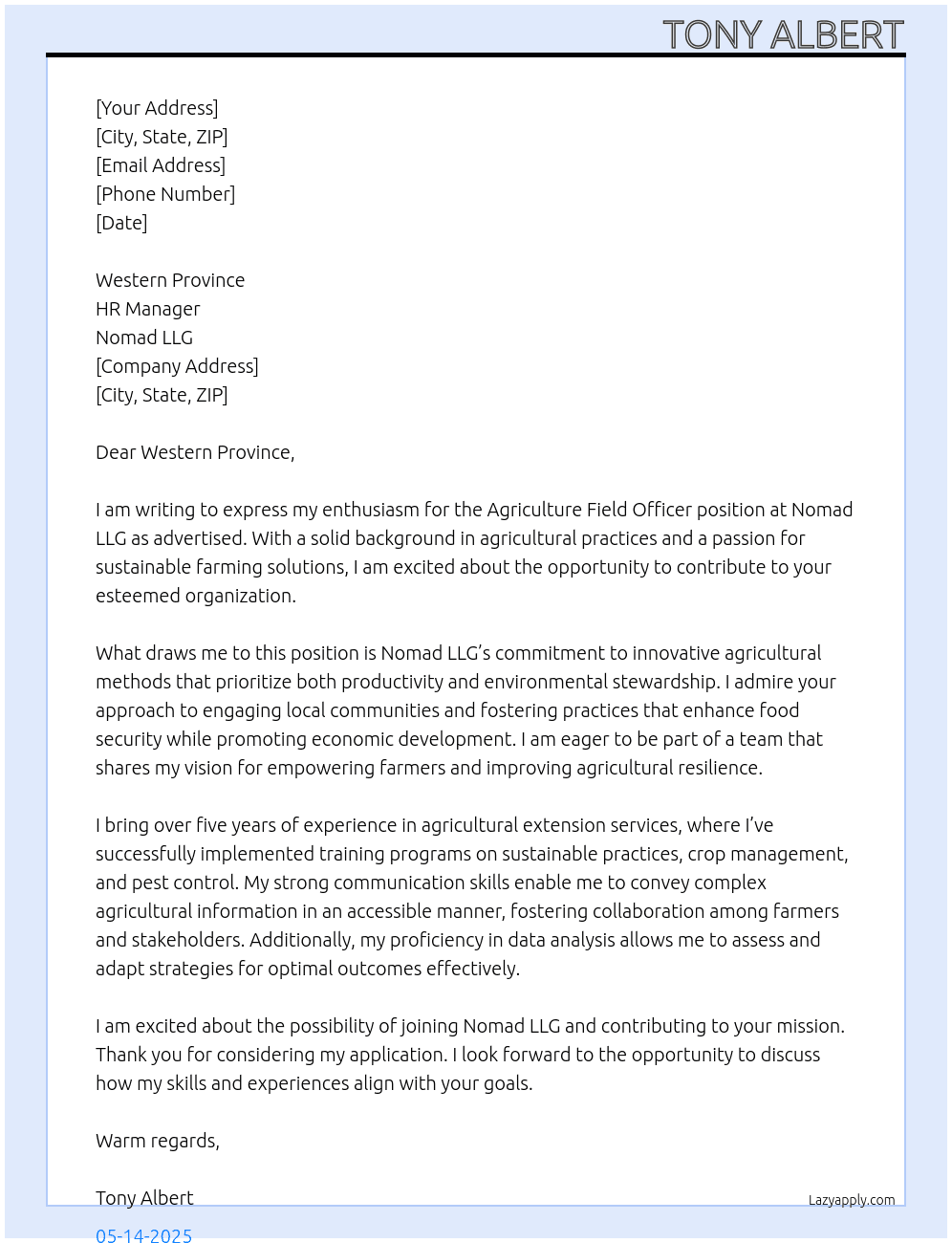 Nomad LLG At Agriculture field officer Cover Letter