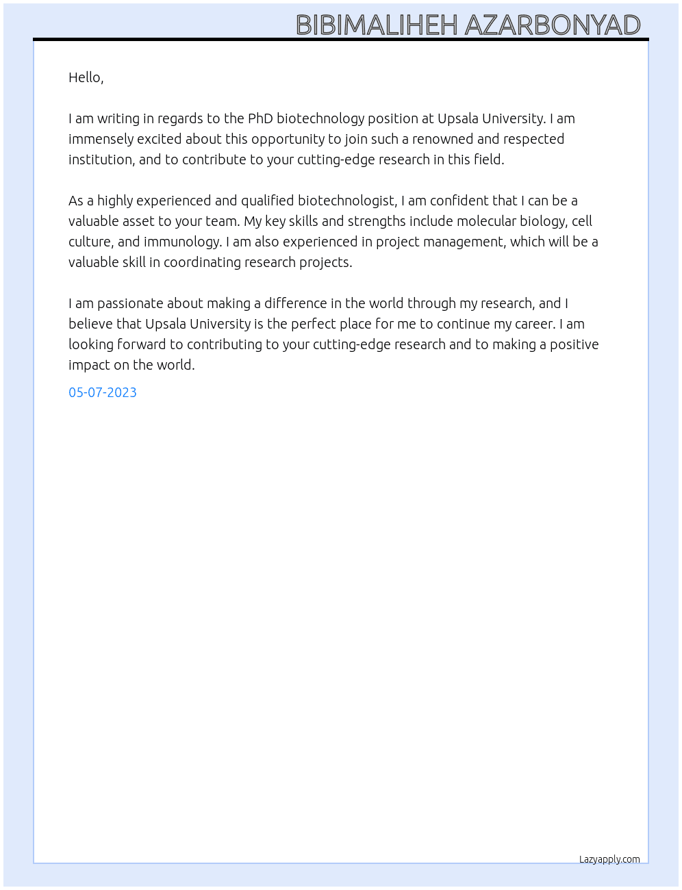 PhD biotechnology  At University of upsala Cover Letter