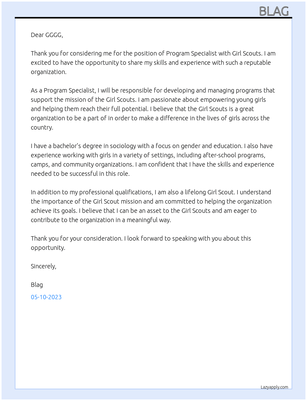 Program Specialist At Girl Scouts  Cover Letter