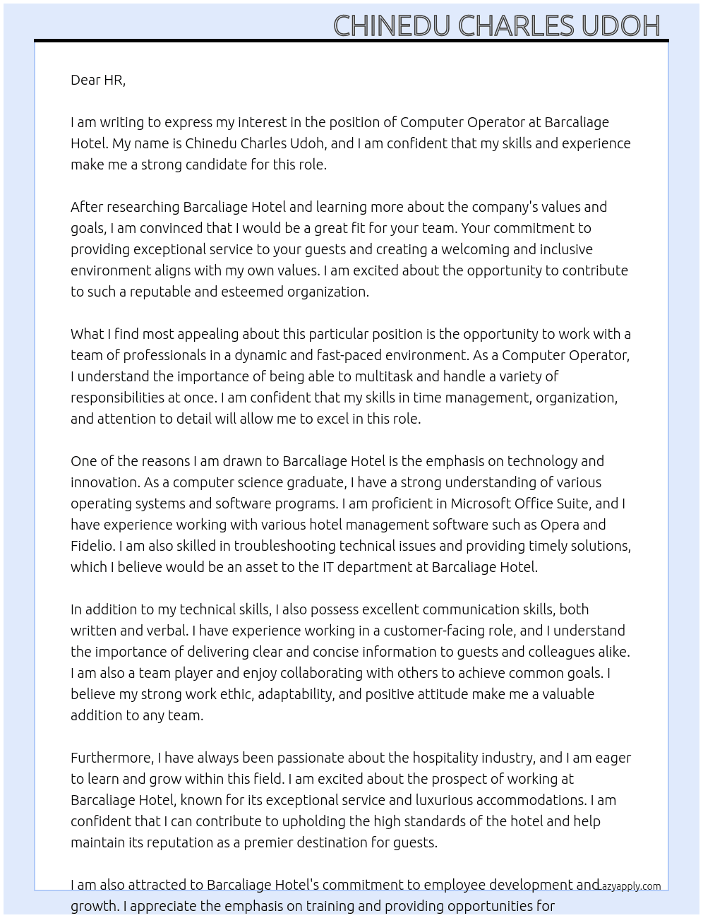 Computer Operator  At Barcaliage Hotel Cover Letter