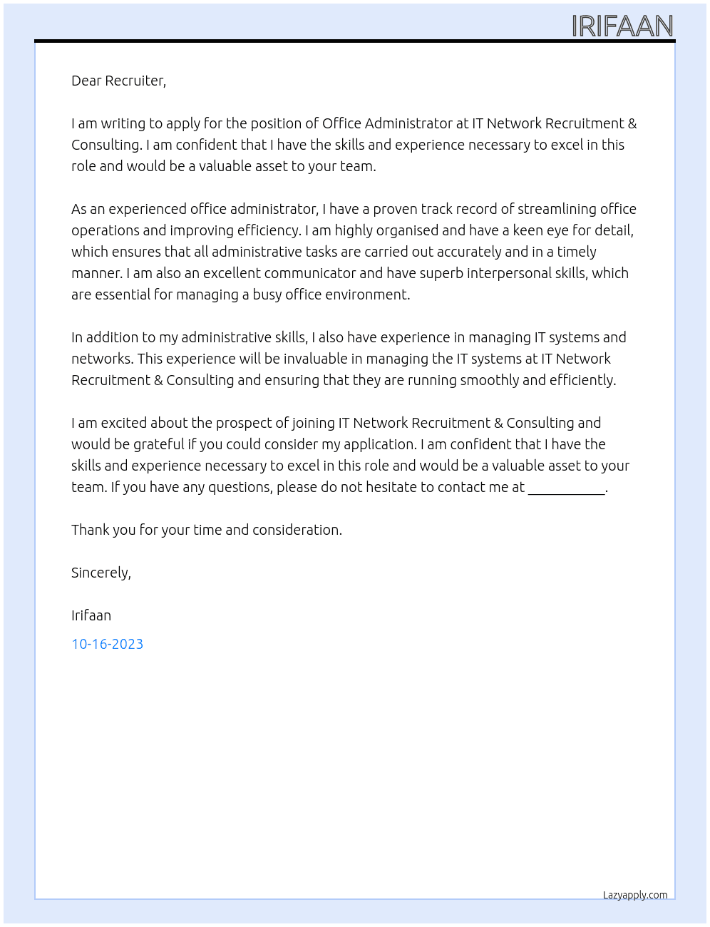 Office Administrator At IT Network Recruitment & Consulting Cover Letter