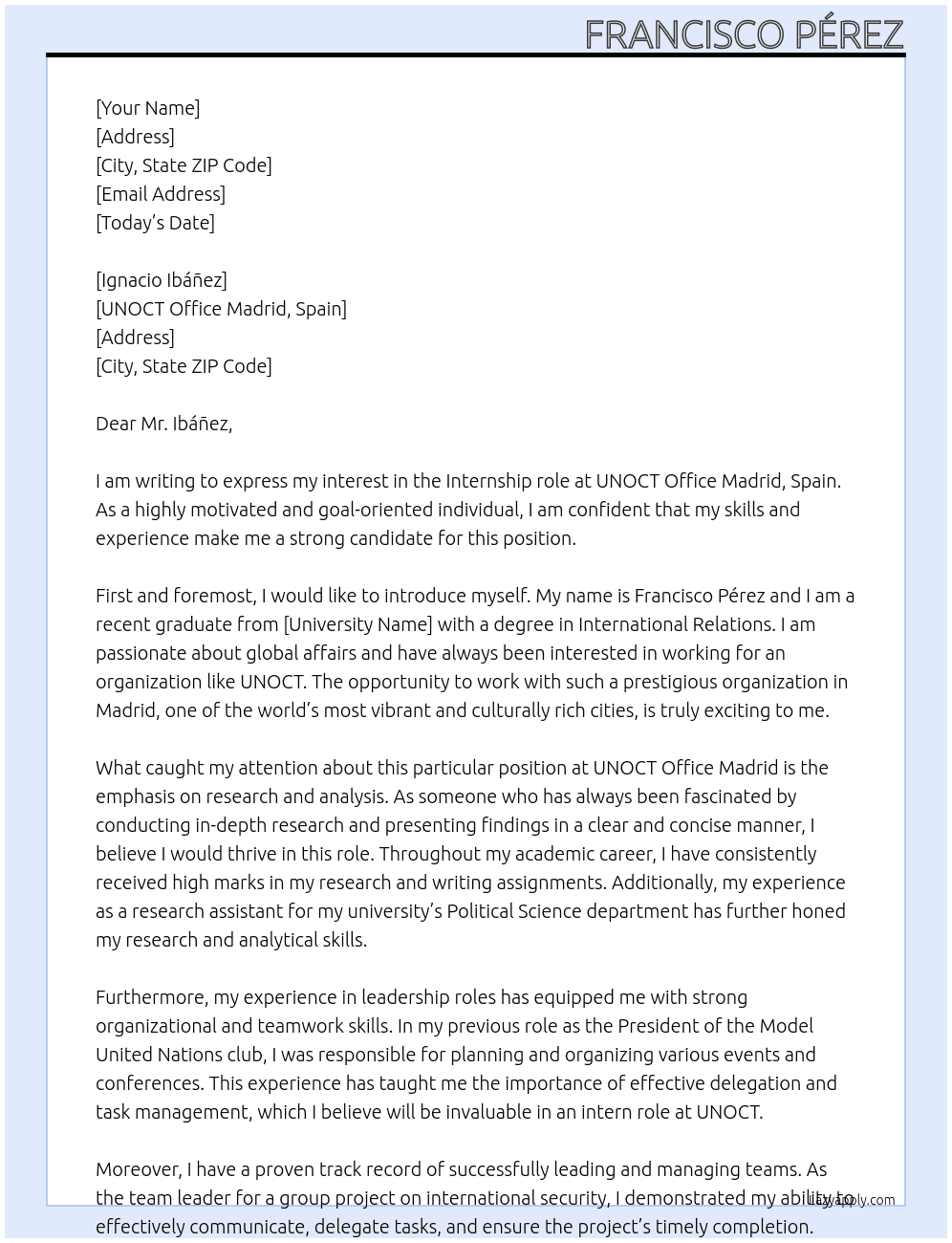 Internship at UNOCT Office Madrid, Spain  At UNOCT Office Madrid, Spain  Cover Letter