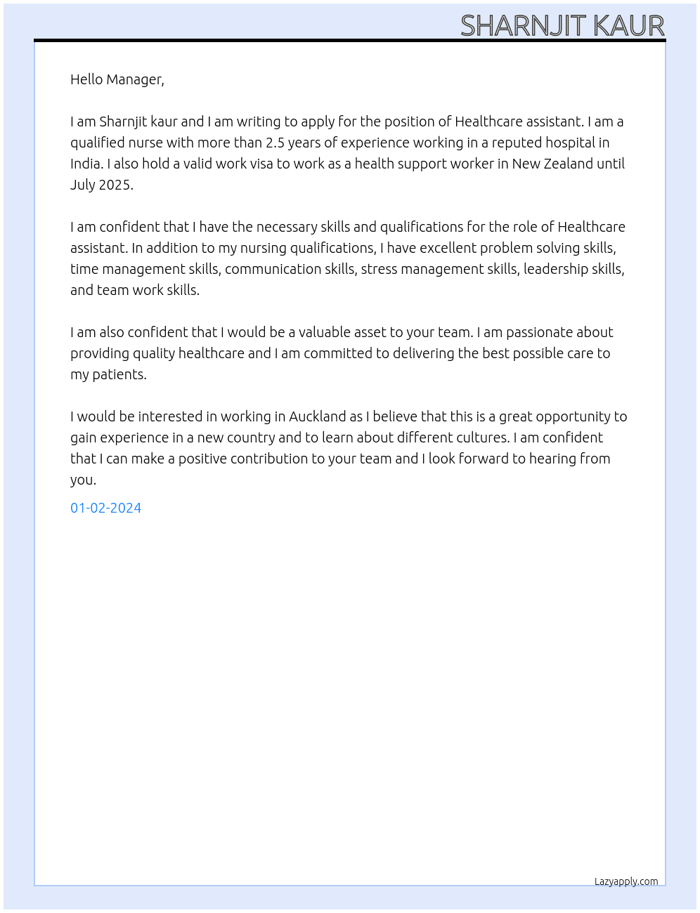 Healthcare assistant  At Multiple companies  Cover Letter