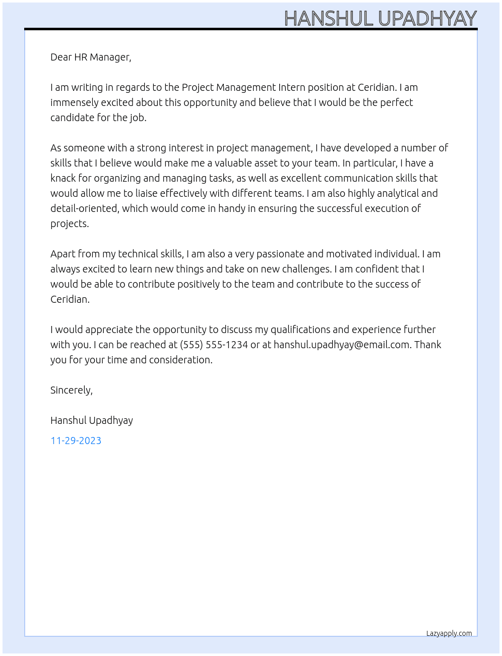 Project Management Intern At Ceridian Cover Letter