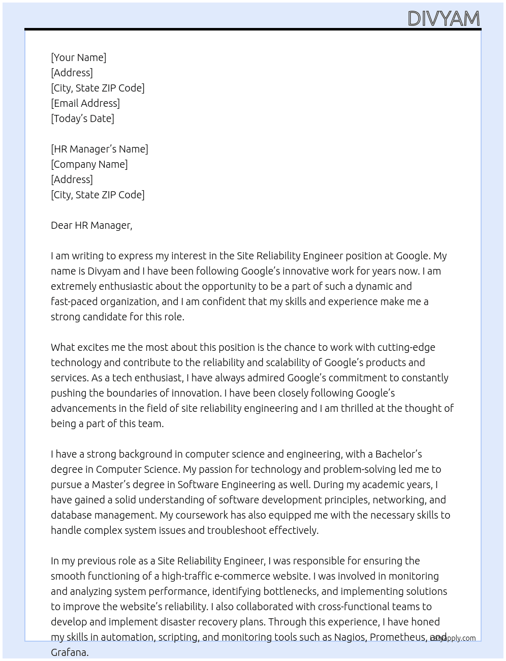 Site Reliability Engineer At Google Cover Letter