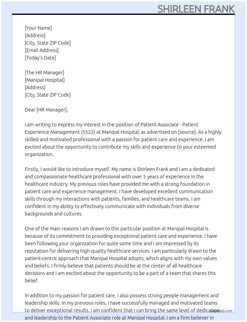 Patient Associate - Patient Experience Management (5522) At Manipal Hospital Cover Letter