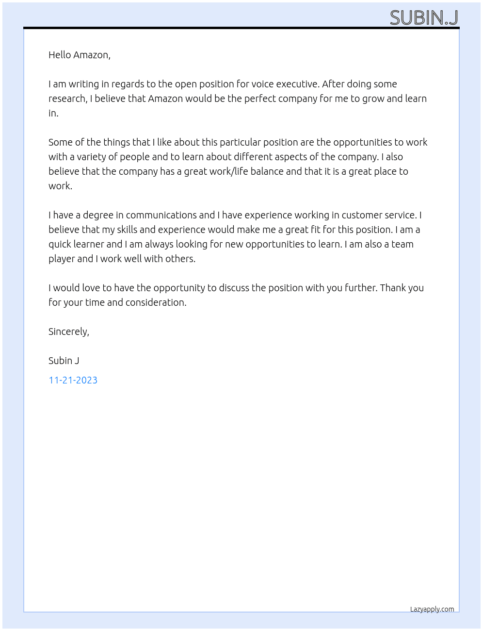 voice exective At Aamazon Cover Letter