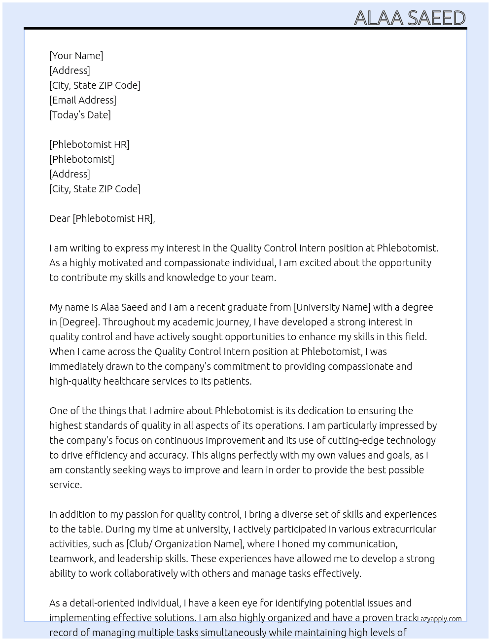 Quality control intern At Phlebotomist Cover Letter
