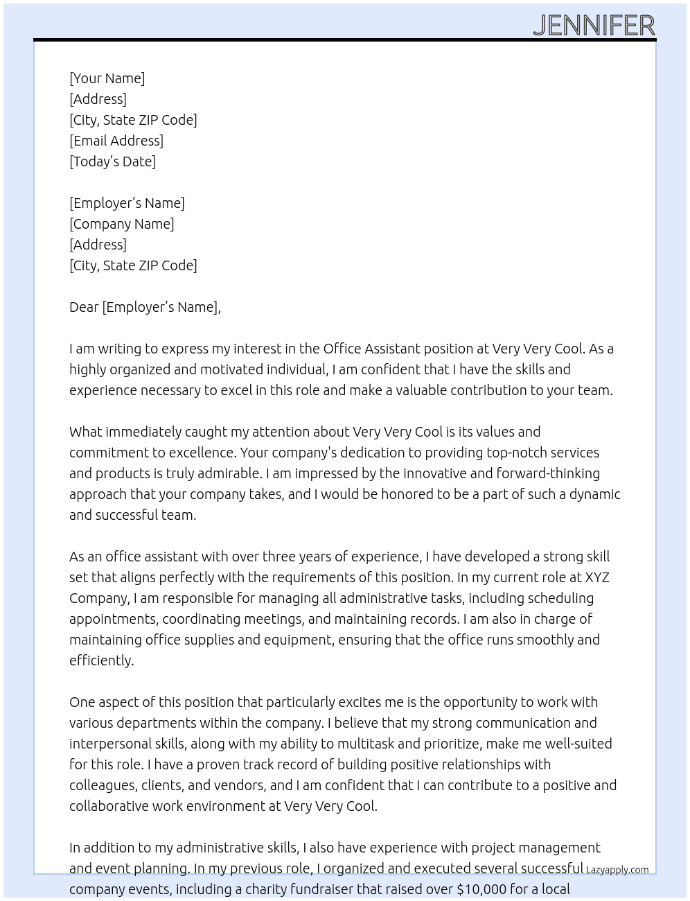 office assistant At Very Very Cool Cover Letter