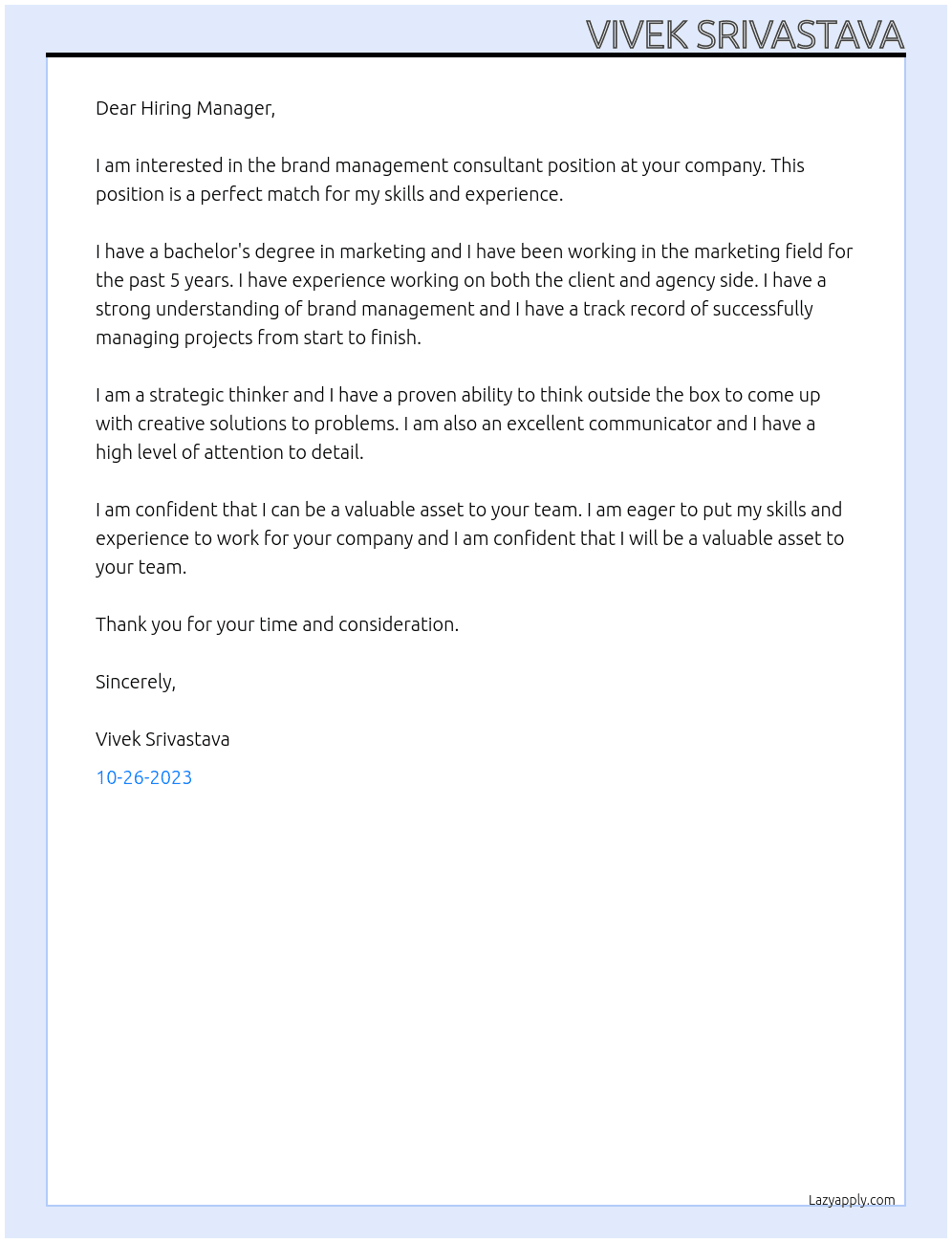 Brand management consultant At Dear Sir Cover Letter