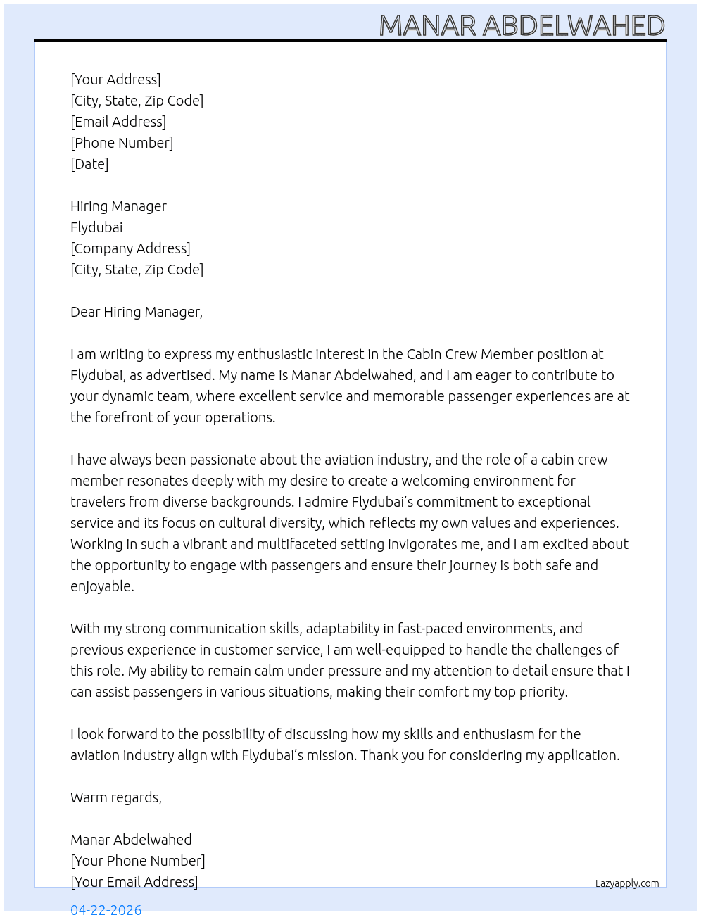 Cover letter for cabin crew member - LazyApply