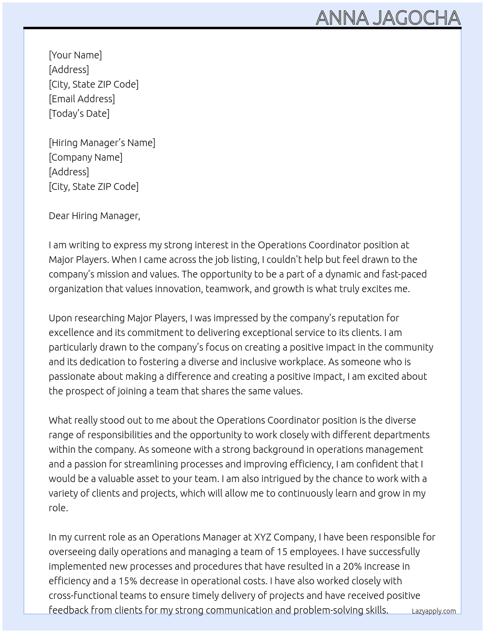 Operations Coordinator At major players Cover Letter