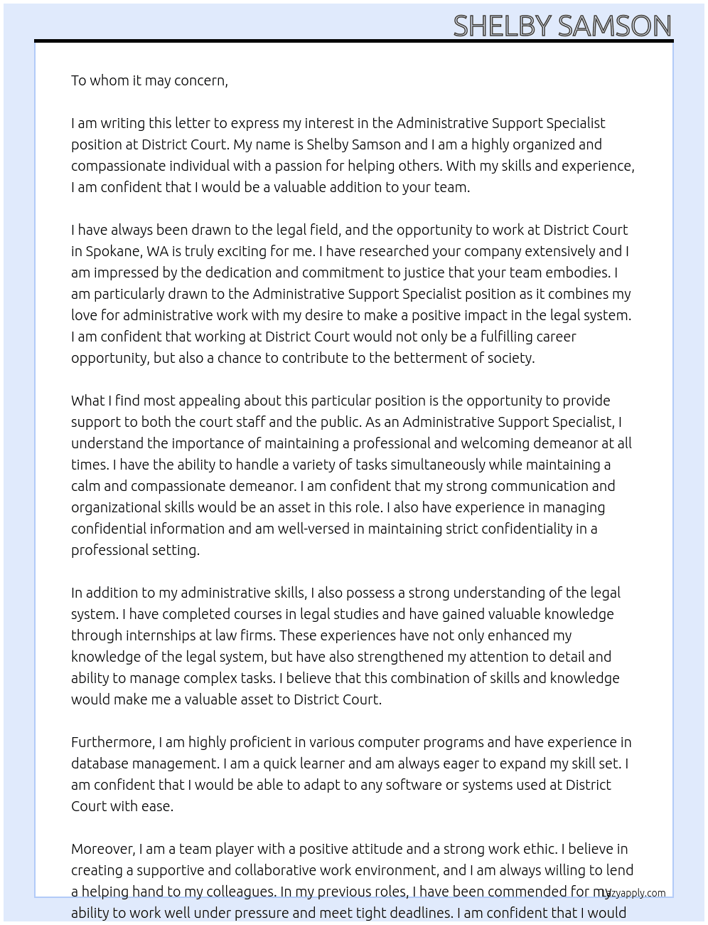 Administrative Support Specialist At District Court Cover Letter