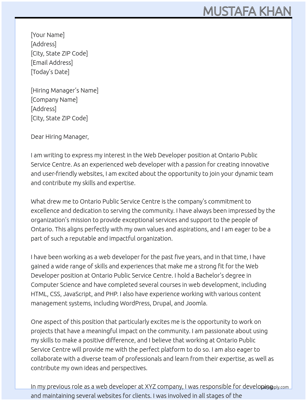 Web Developer At Ontario Public Service Centre Cover Letter