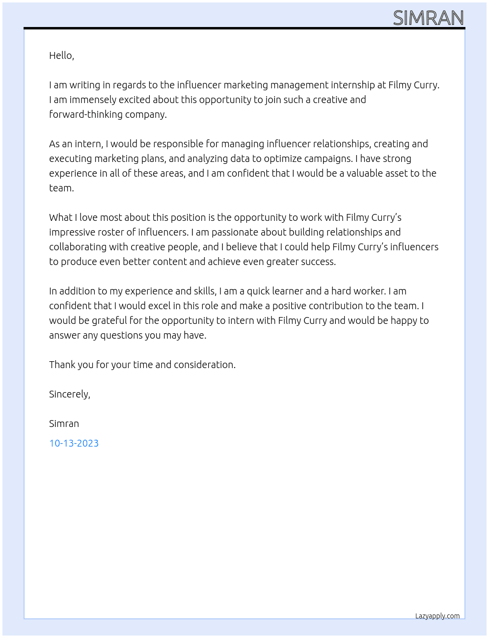 influencer marketing management internship At filmy curry Cover Letter