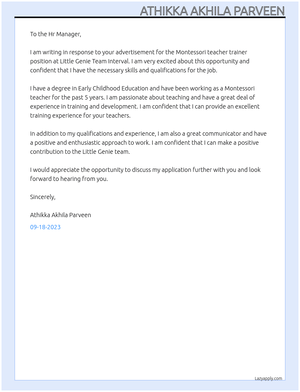 Montessori teacher trainer At Little Genie Team Interval Cover Letter