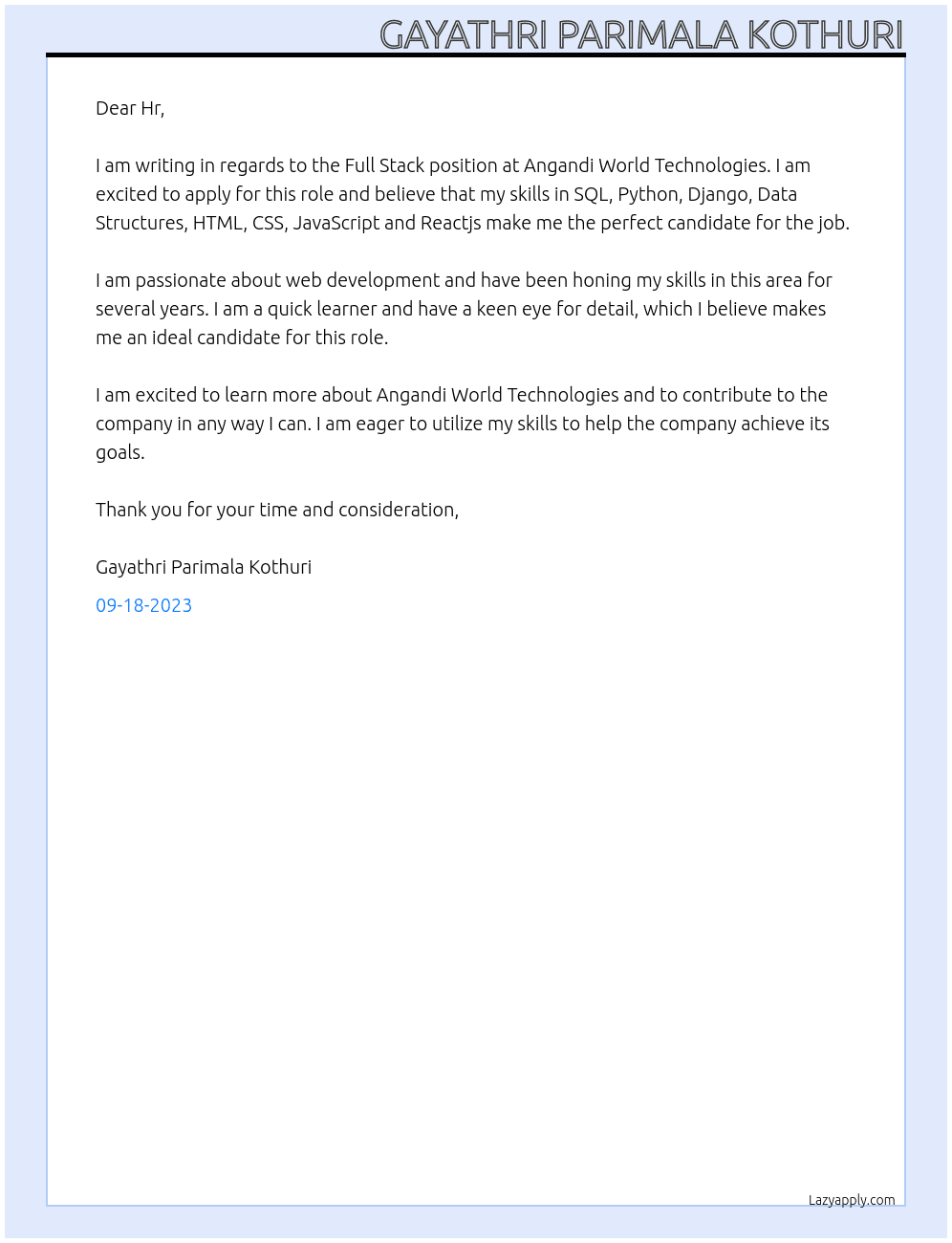 Full Stack At Angandi World Technologies  Cover Letter