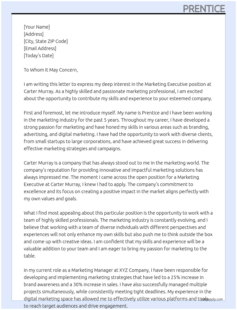 Marketing Executive At Carter Murray Cover Letter