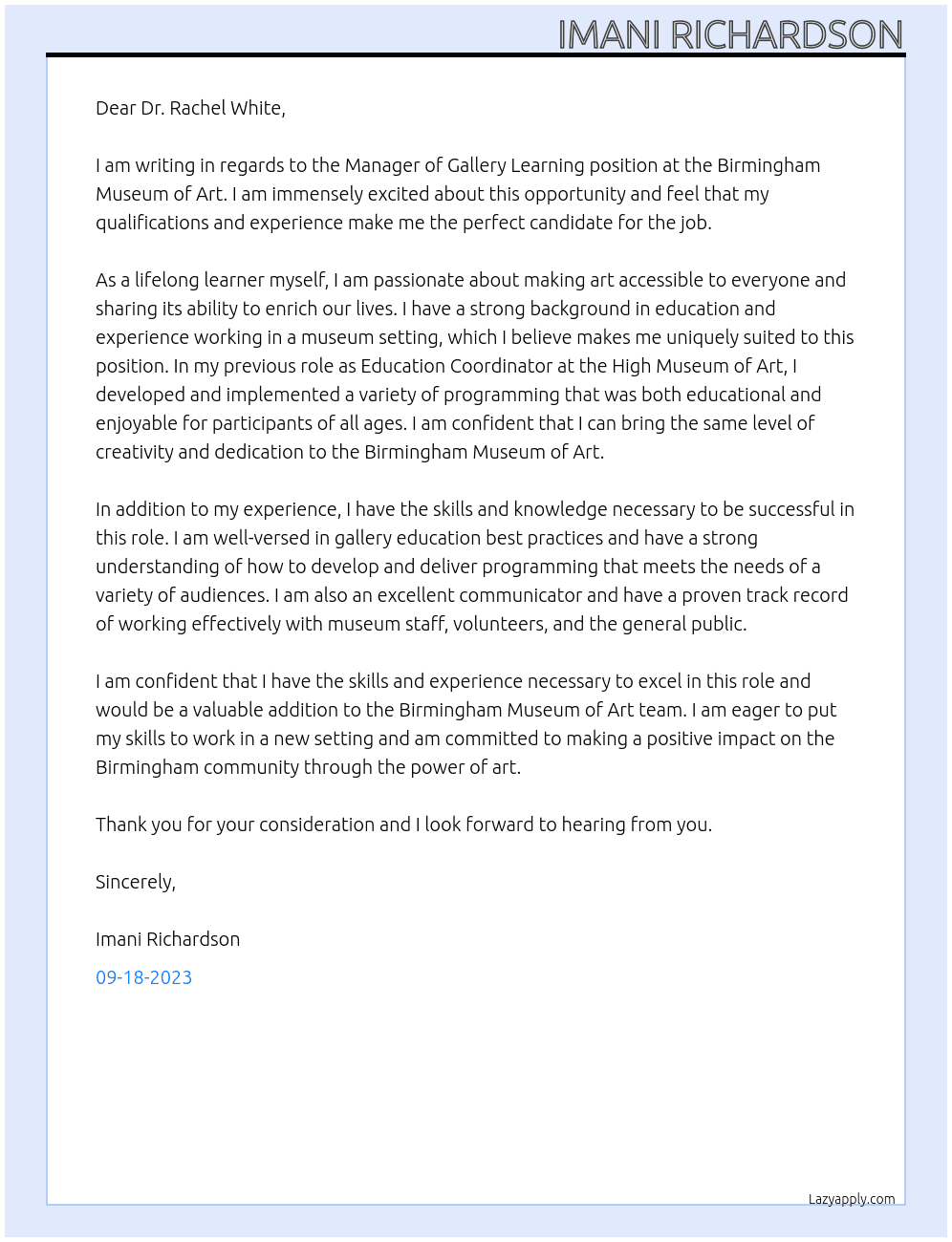 Manager of Gallery Learning At Birmingham Museum of Art Cover Letter