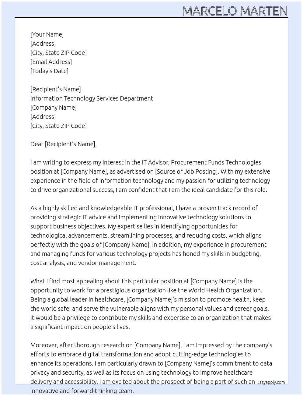 IT Advisor, Procurement Funds Technologies   At Word Health Organization Cover Letter