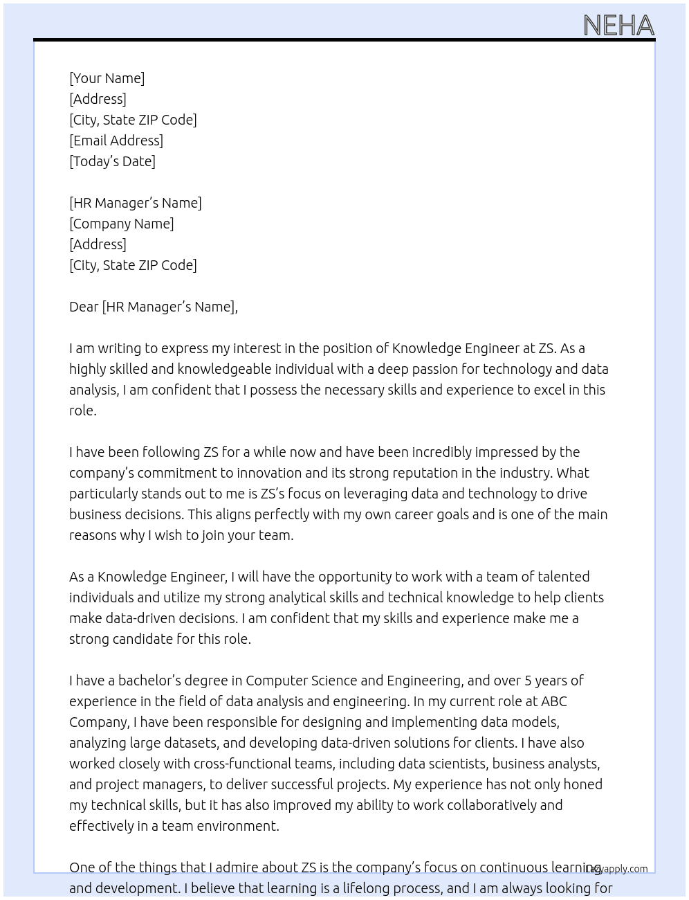 Knowledge Engineer At ZS Cover Letter